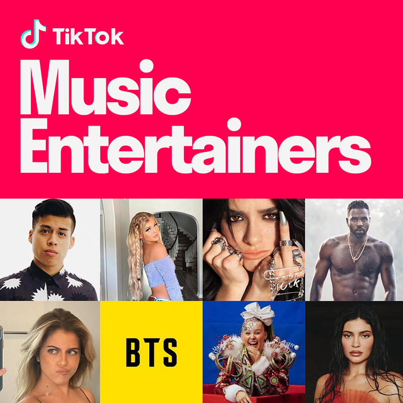 Pink and white cover reading 'TikTok Music Entertainers' above a grid of eight artist and creator portraits