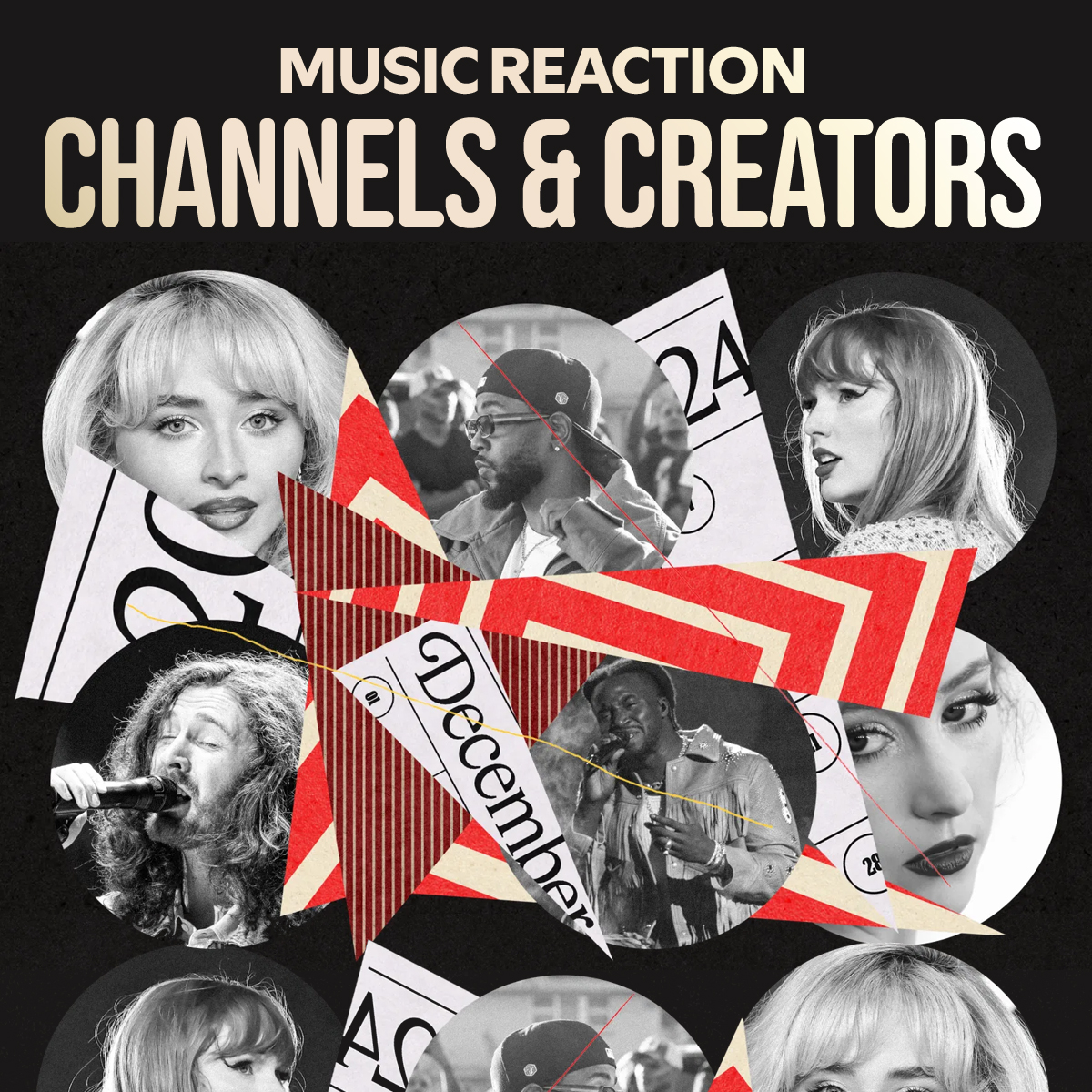 Black collage cover reading 'Music Reaction Channels & Creators' over black-and-white artist cutouts and red graphic shapes