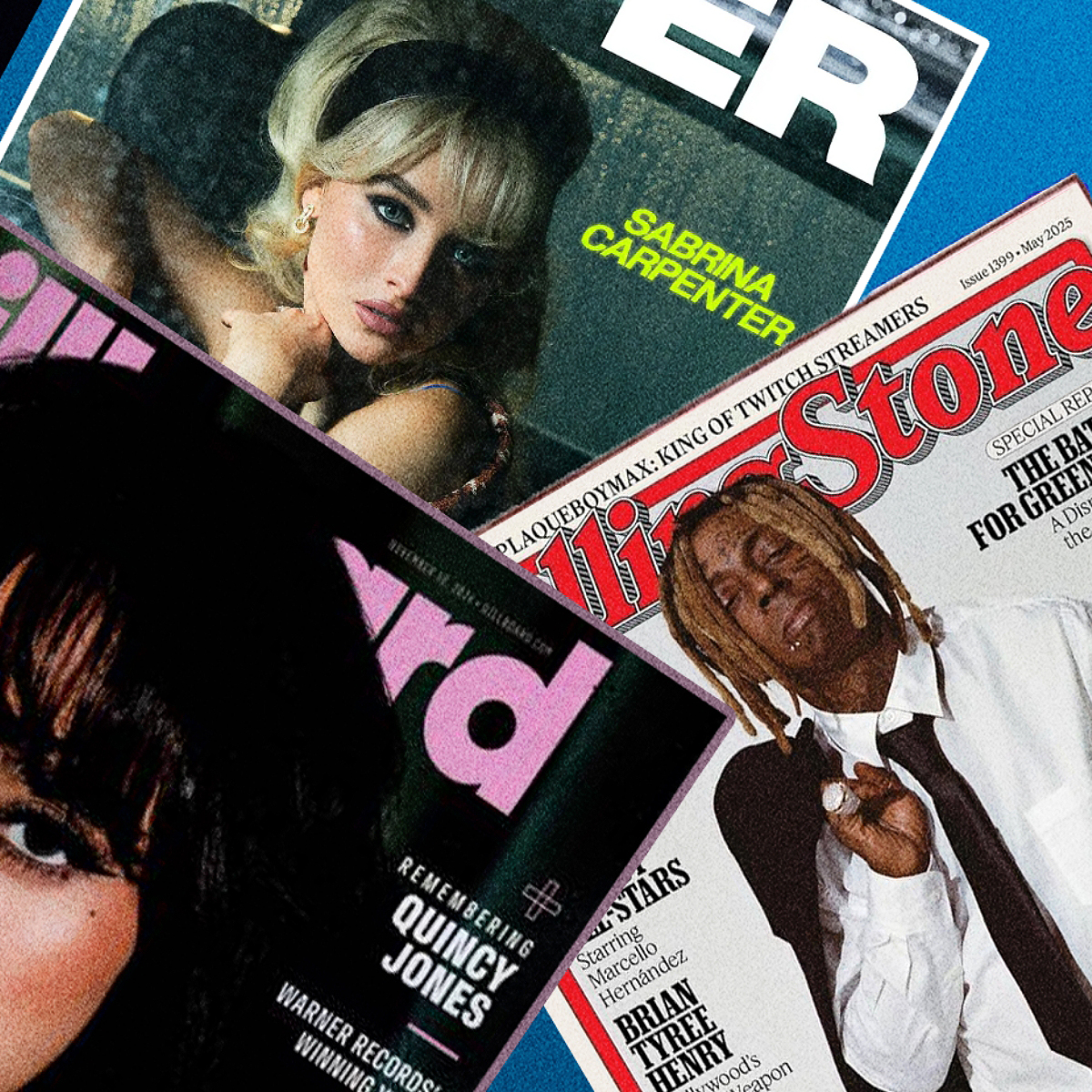 Scattered music magazine covers including Rolling Stone and Billboard on a blue background