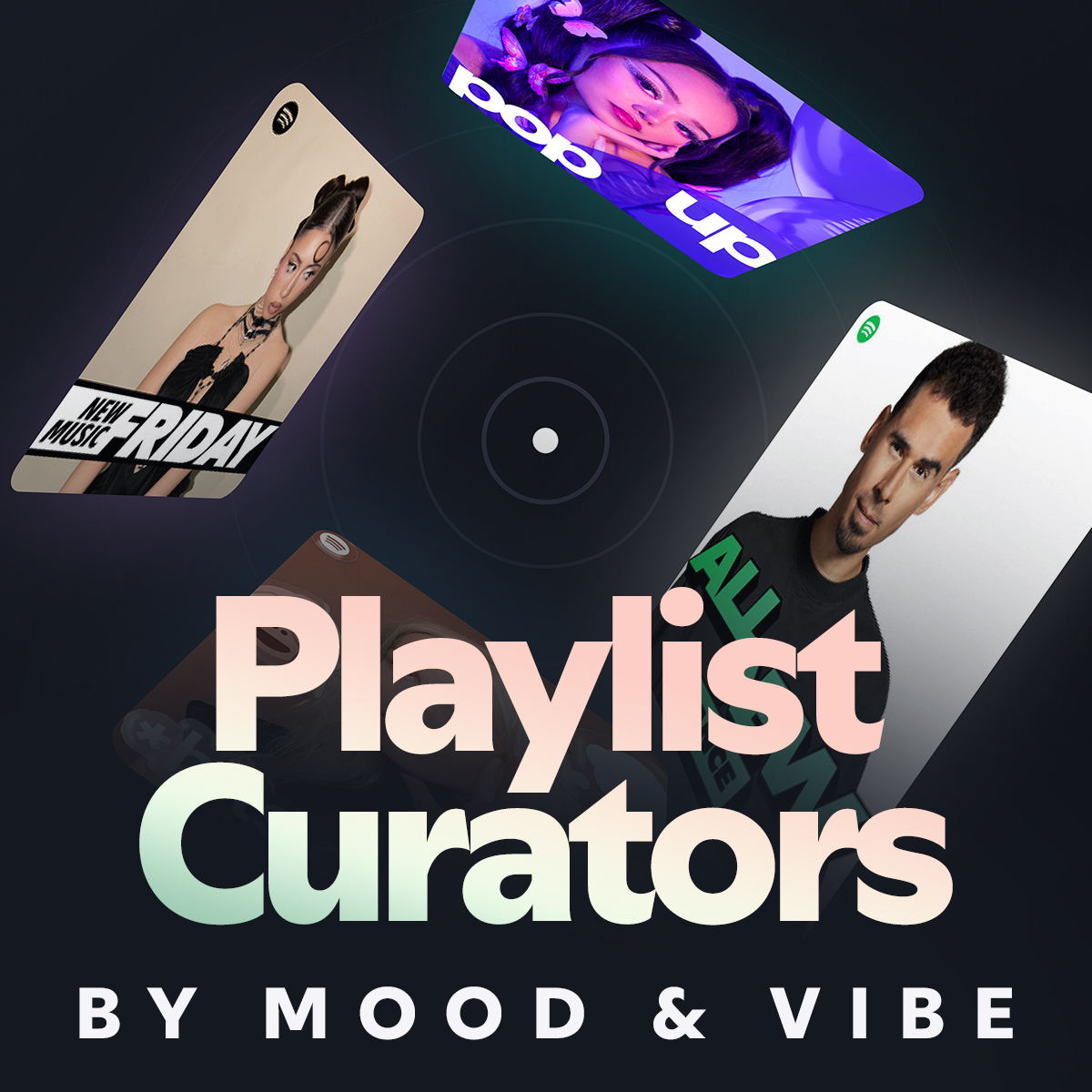 Dark cover reading 'Playlist Curators by Mood & Vibe' with floating playlist cover tiles above a vinyl record