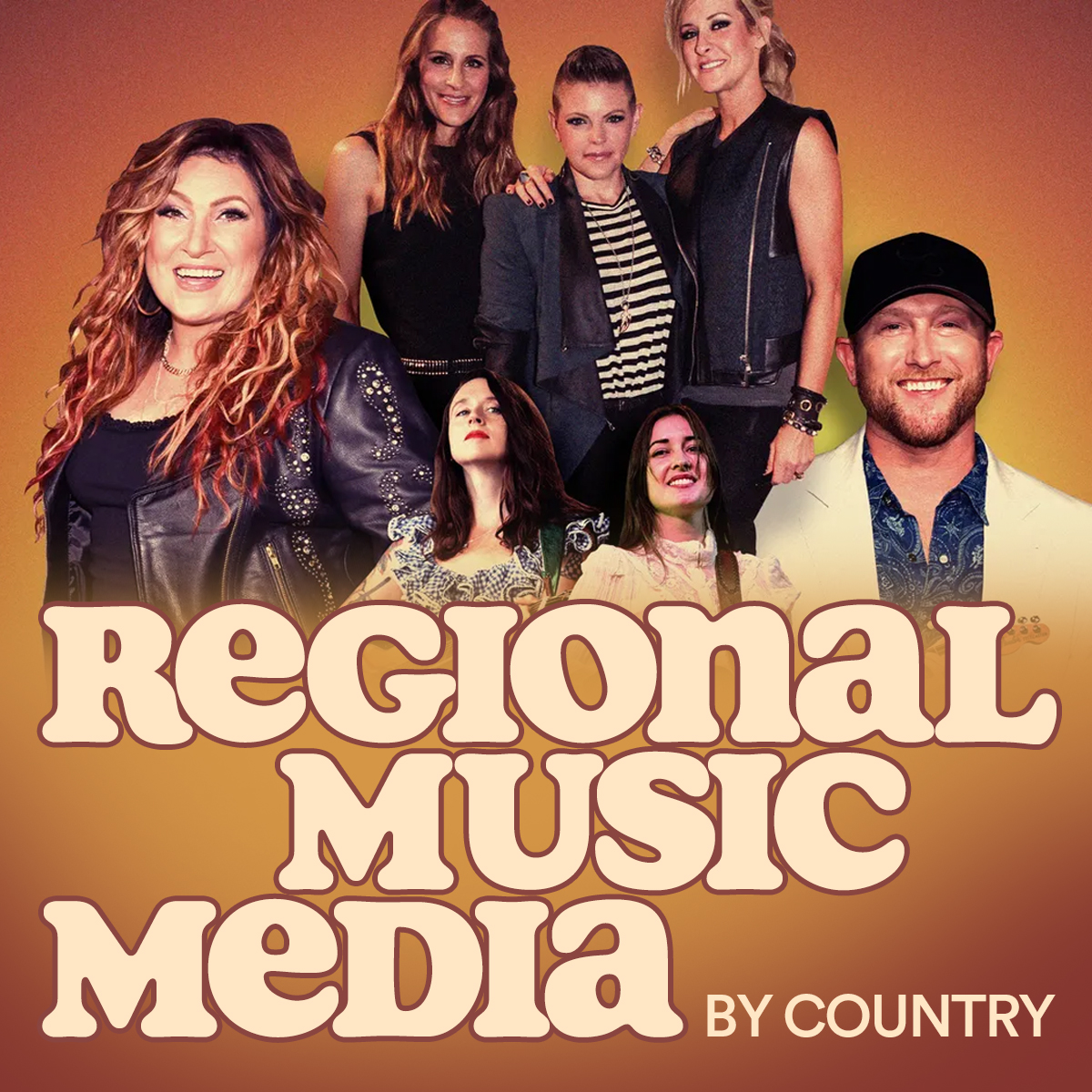 Warm orange cover reading 'Regional Music Media by Country' beneath a group of country and americana artists
