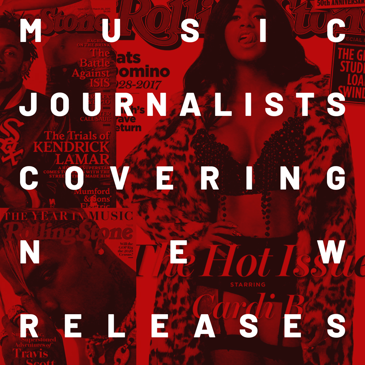 Red-toned magazine collage cover reading 'Music Journalists Covering New Releases'