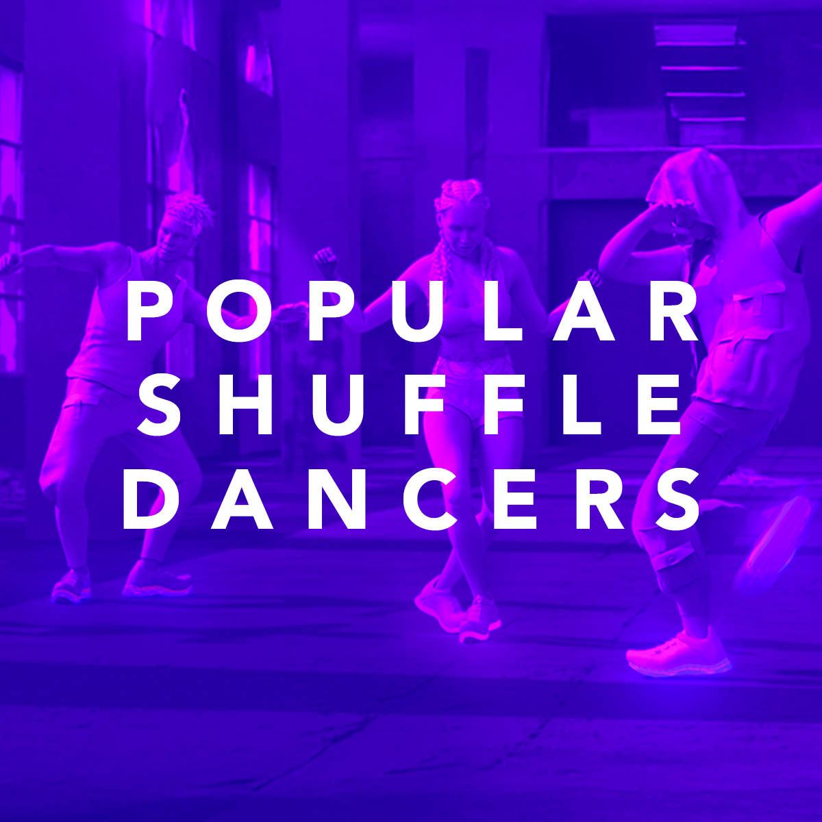 Purple-toned photo of three shuffle dancers with the words 'Popular Shuffle Dancers'