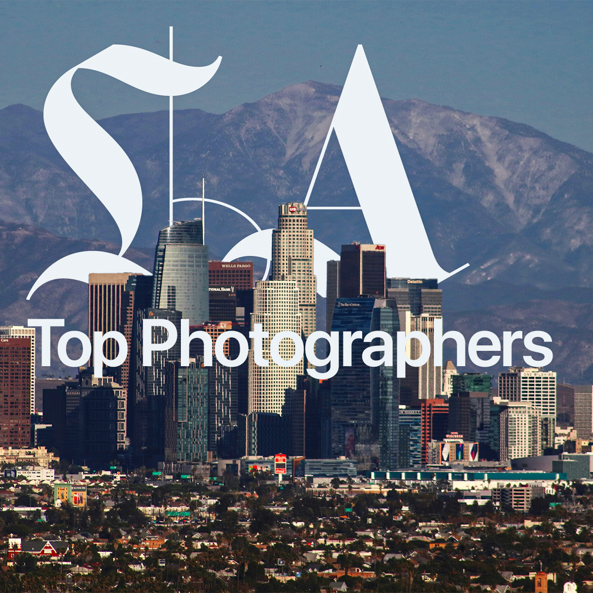 Los Angeles skyline photo with white lettering reading 'LA Top Photographers'