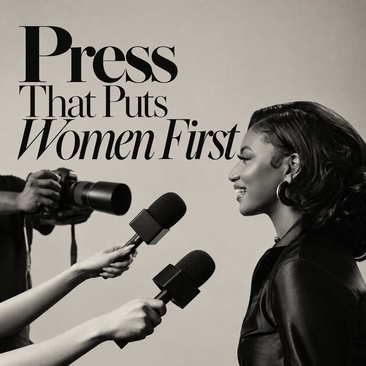 Black and white photo of a woman artist being interviewed with microphones and a camera, under the title Press That Puts Women First