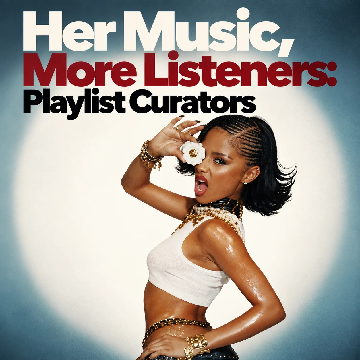 Woman artist posing and holding a white flower over one eye under the title Her Music, More Listeners: Playlist Curators
