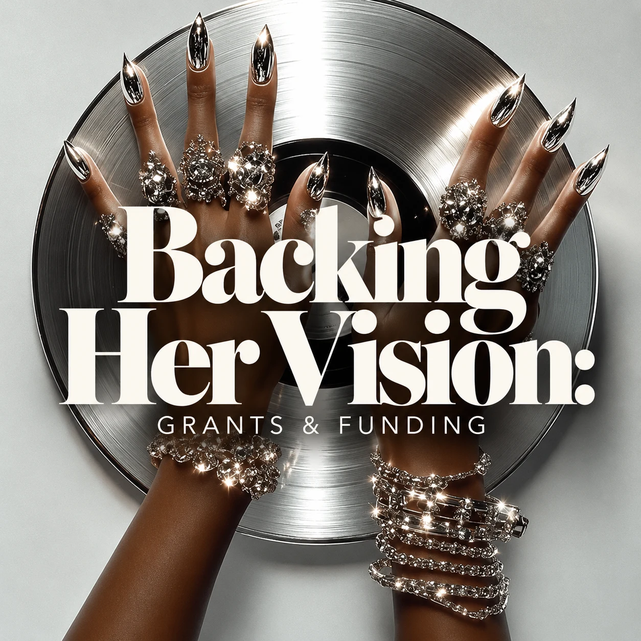 Two hands with chrome nails and crystal rings resting on a silver vinyl record under the title Backing Her Vision: Grants & Funding
