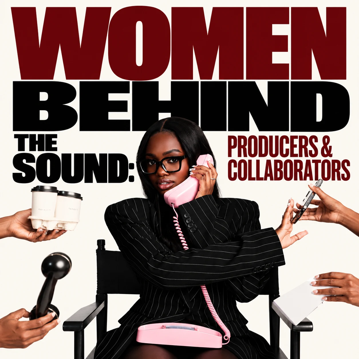 Woman in glasses and a pinstripe suit on a pink phone while hands pass her coffee and devices, under the title Women Behind the Sound: Producers & Collaborators