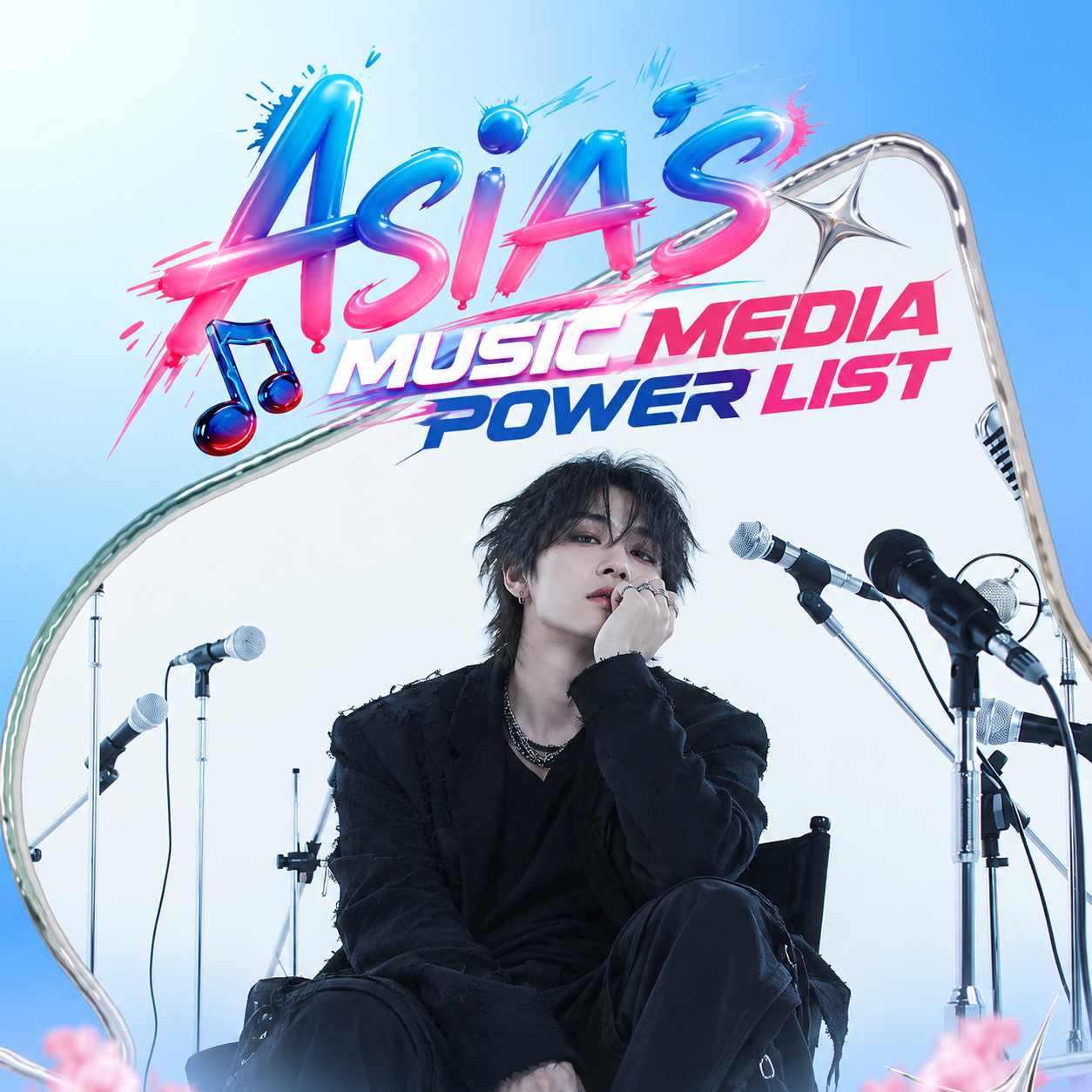 Asian music media power list cover with a musician, microphones and blue-pink lettering.