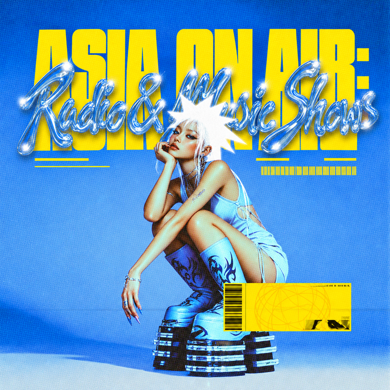 Asia on Air radio and music shows cover with a musician in blue and yellow type.