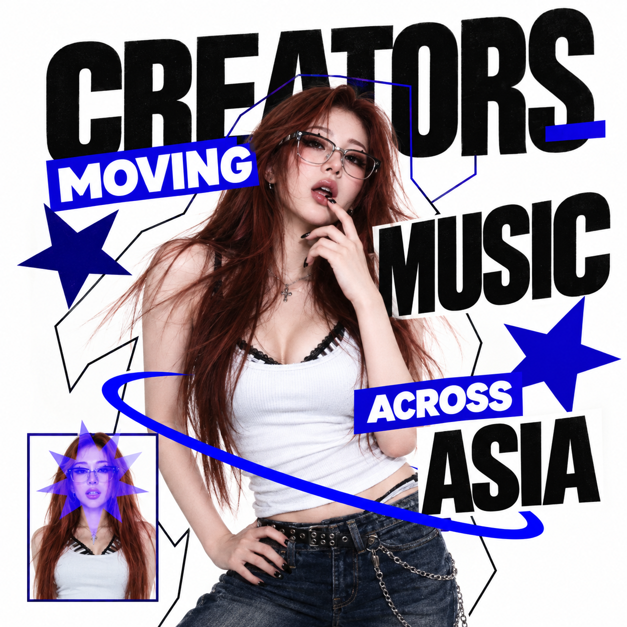 Creators Moving Music Across Asia cover with a musician in glasses and vivid blue accents.