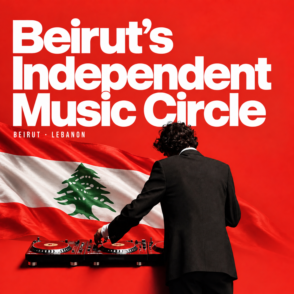 Beirut independent music circle cover with a DJ, Lebanese flag and red background.