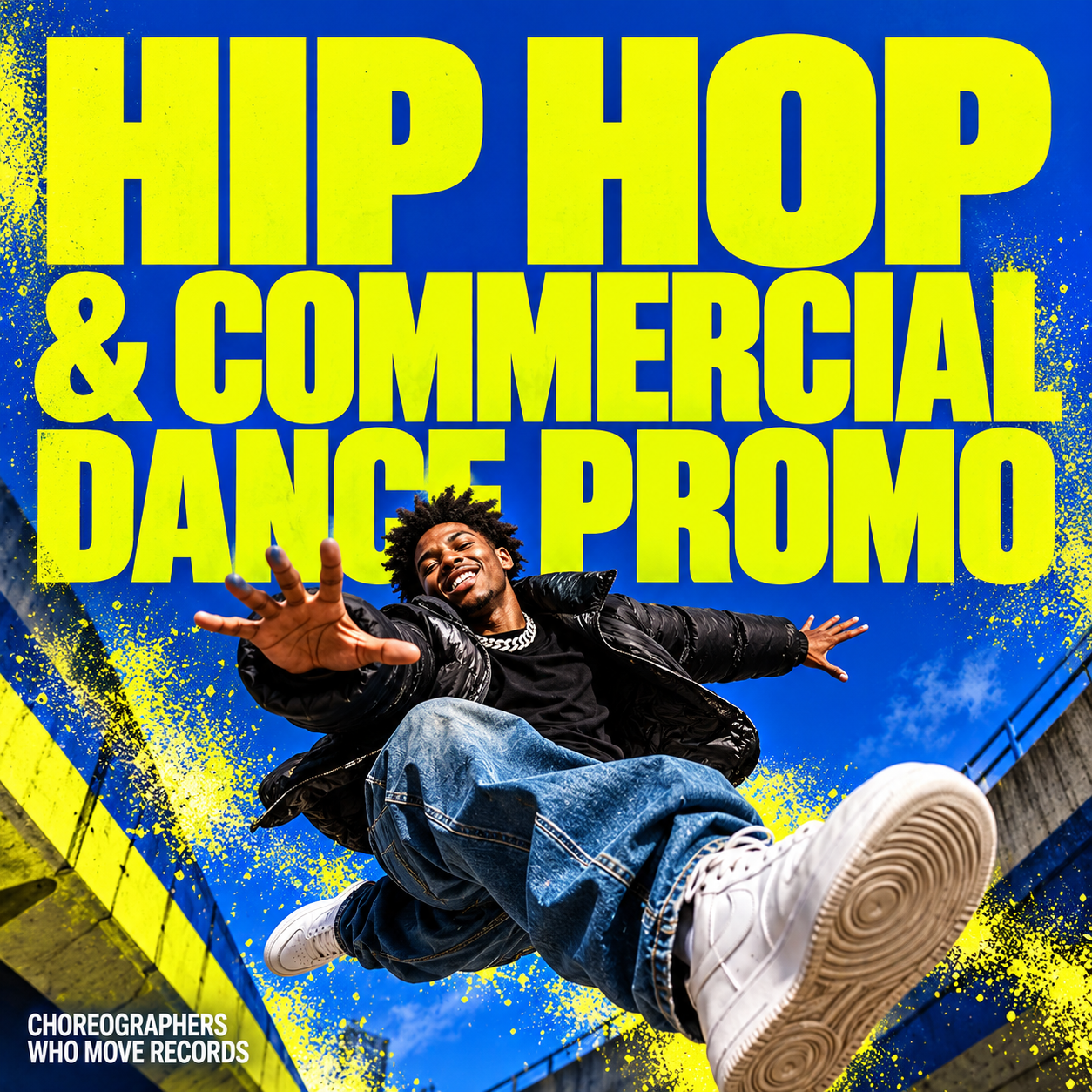 Hip-hop dancer leaping toward the camera under a blue sky, titled Hip Hop & Commercial Dance Promo