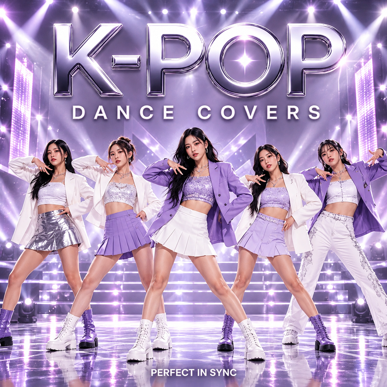 Five dancers posing on a lilac stage, titled K-Pop Dance Covers