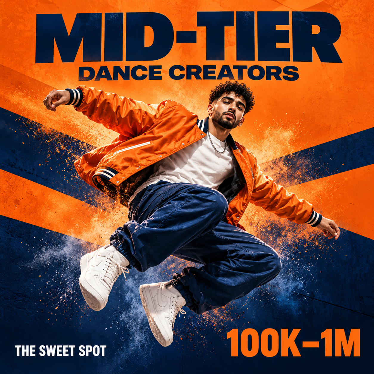 Dancer jumping in an orange jacket, titled Mid-Tier Dance Creators 100K-1M