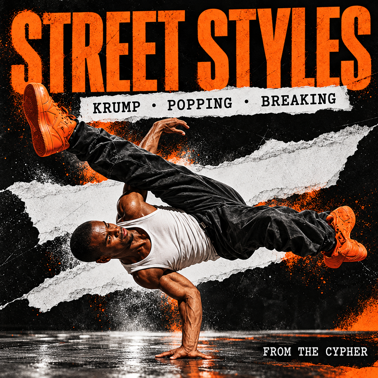 Breakdancer in a one-hand freeze with orange sneakers, titled Street Styles