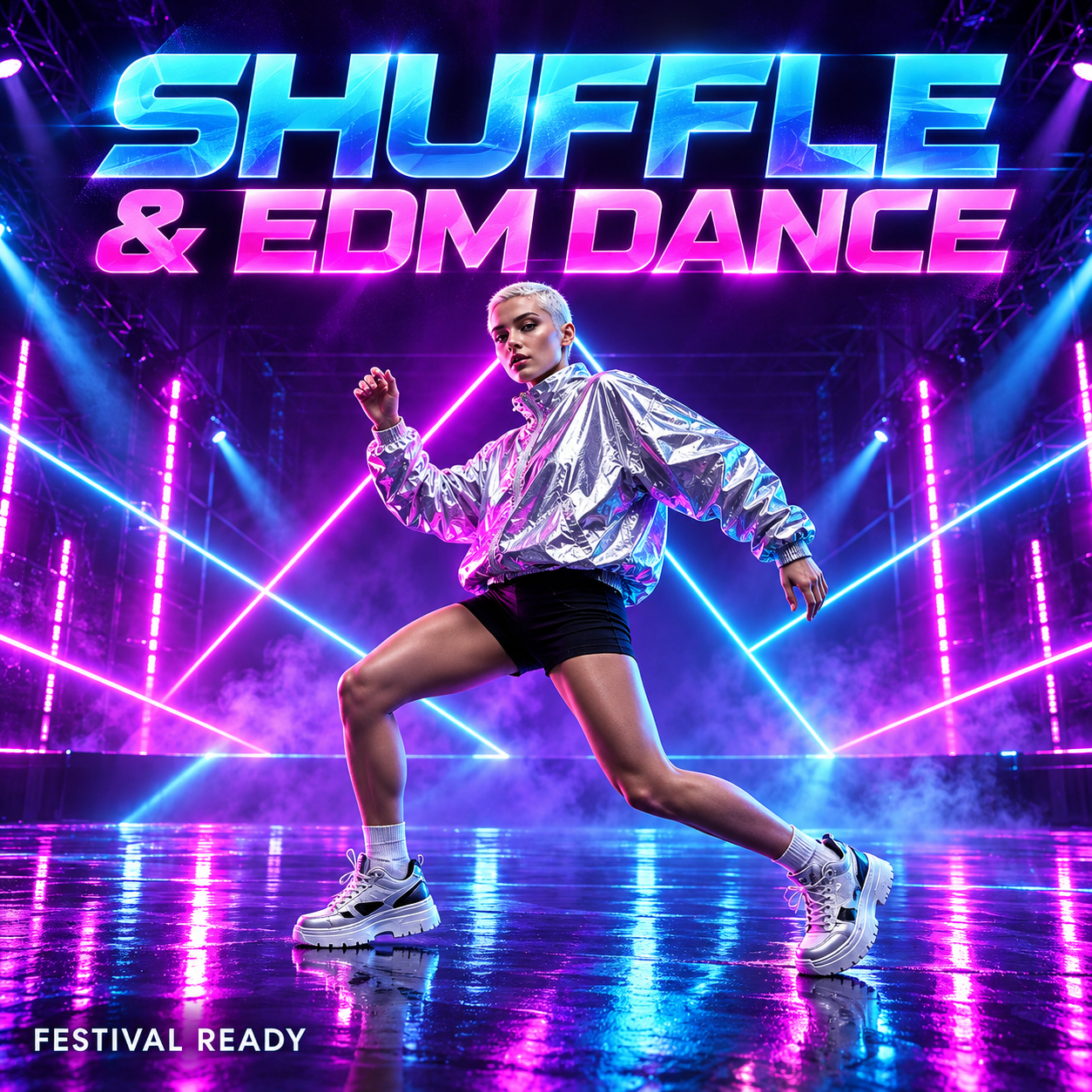 Dancer in a silver jacket on a neon festival stage, titled Shuffle & EDM Dance