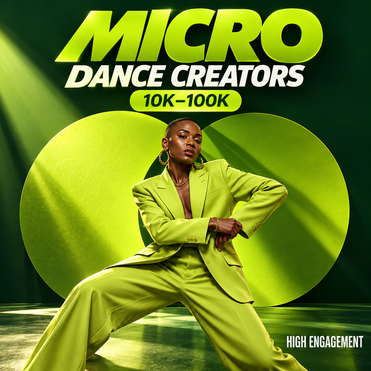 Dancer in a lime green suit, titled Micro Dance Creators 10K-100K