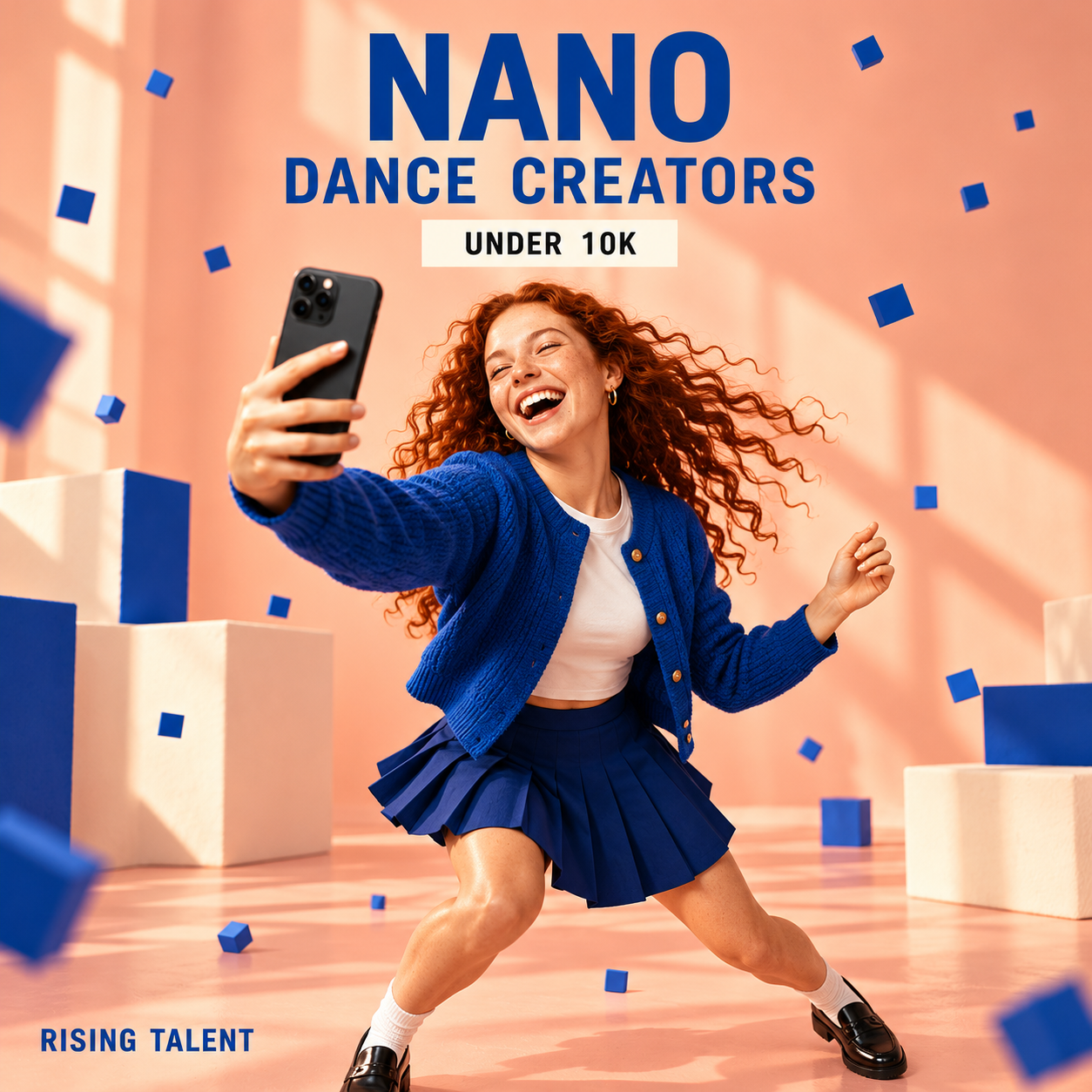 Dancer taking a selfie mid-move, titled Nano Dance Creators under 10K