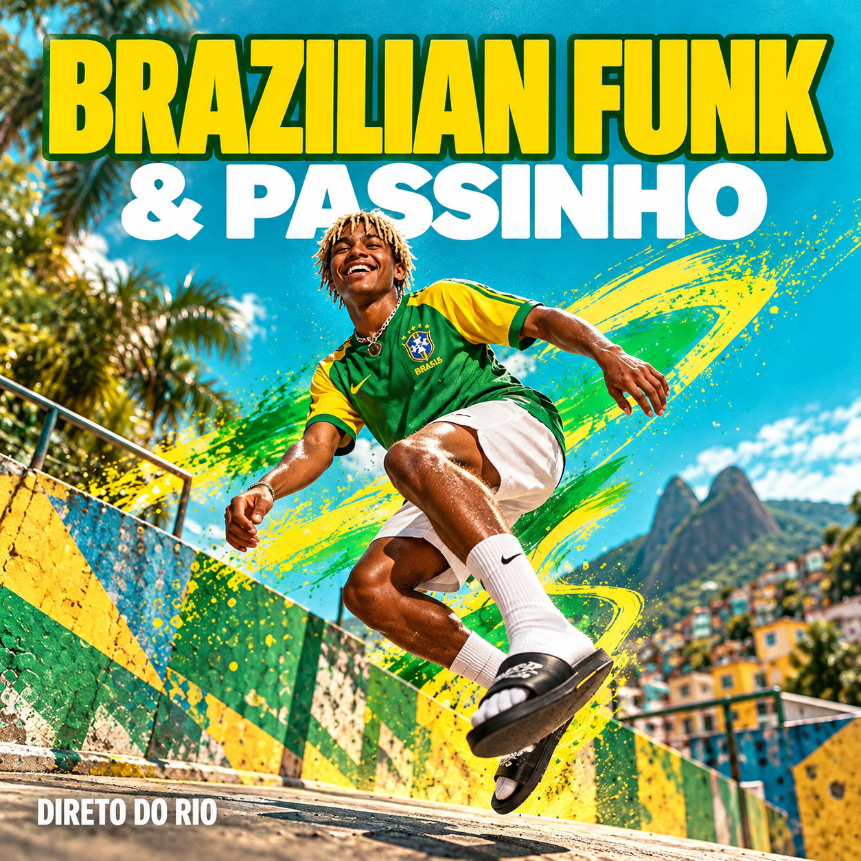Dancer in Rio with green and yellow paint strokes, titled Brazilian Funk & Passinho