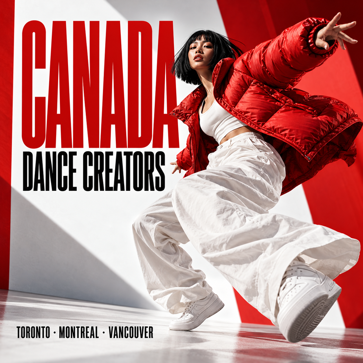 Dancer in a red puffer jacket on a red and white set, titled Canada Dance Creators