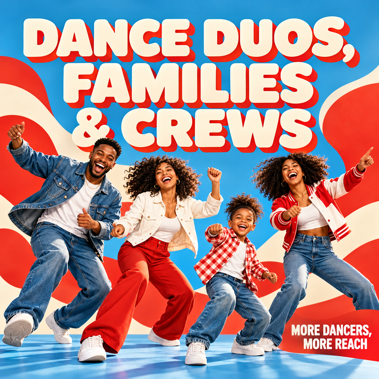 Family and friends dancing together on a red and blue set, titled Dance Duos, Families & Crews