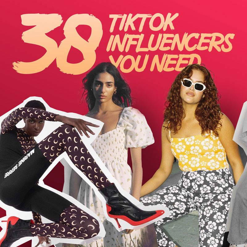 Crimson collage cover reading '38 TikTok Influencers You Need' with three fashion-forward creators cut out over a red background