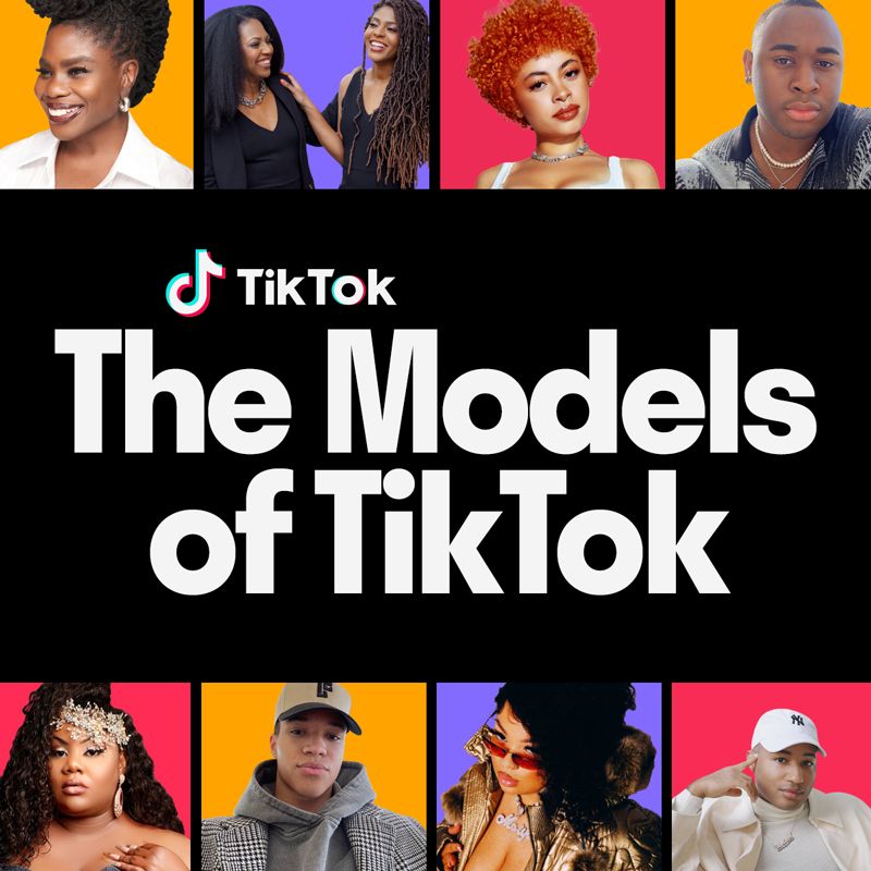 Black cover reading 'The Models of TikTok' framed by two rows of portrait tiles on orange, purple, pink and yellow backgrounds