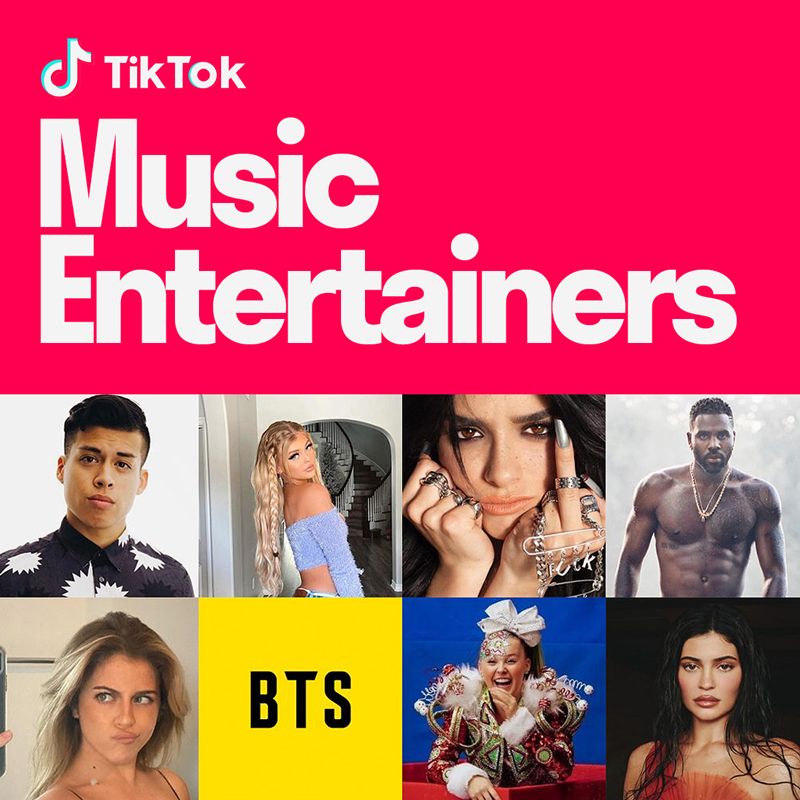 Pink and white cover reading 'TikTok Music Entertainers' above a grid of eight artist and creator portraits