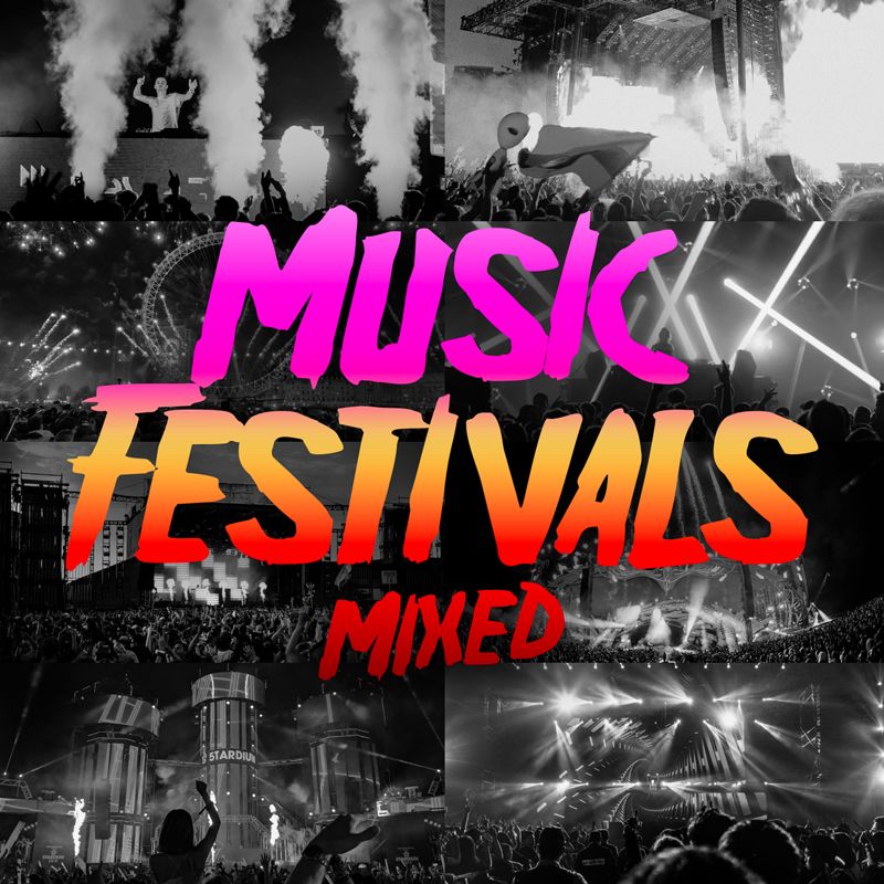 Black-and-white festival stage collage with 'Music Festivals Mixed' in pink and orange graffiti type