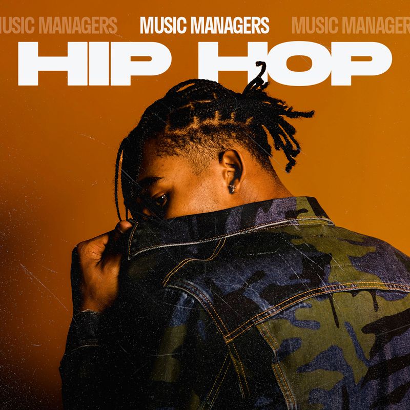 Orange-toned portrait of an artist in a camo jacket under bold white 'Music Managers Hip Hop' type