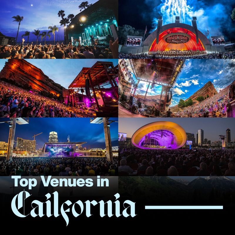 Collage of California amphitheatres and concert crowds with 'Top Venues in California' in white script
