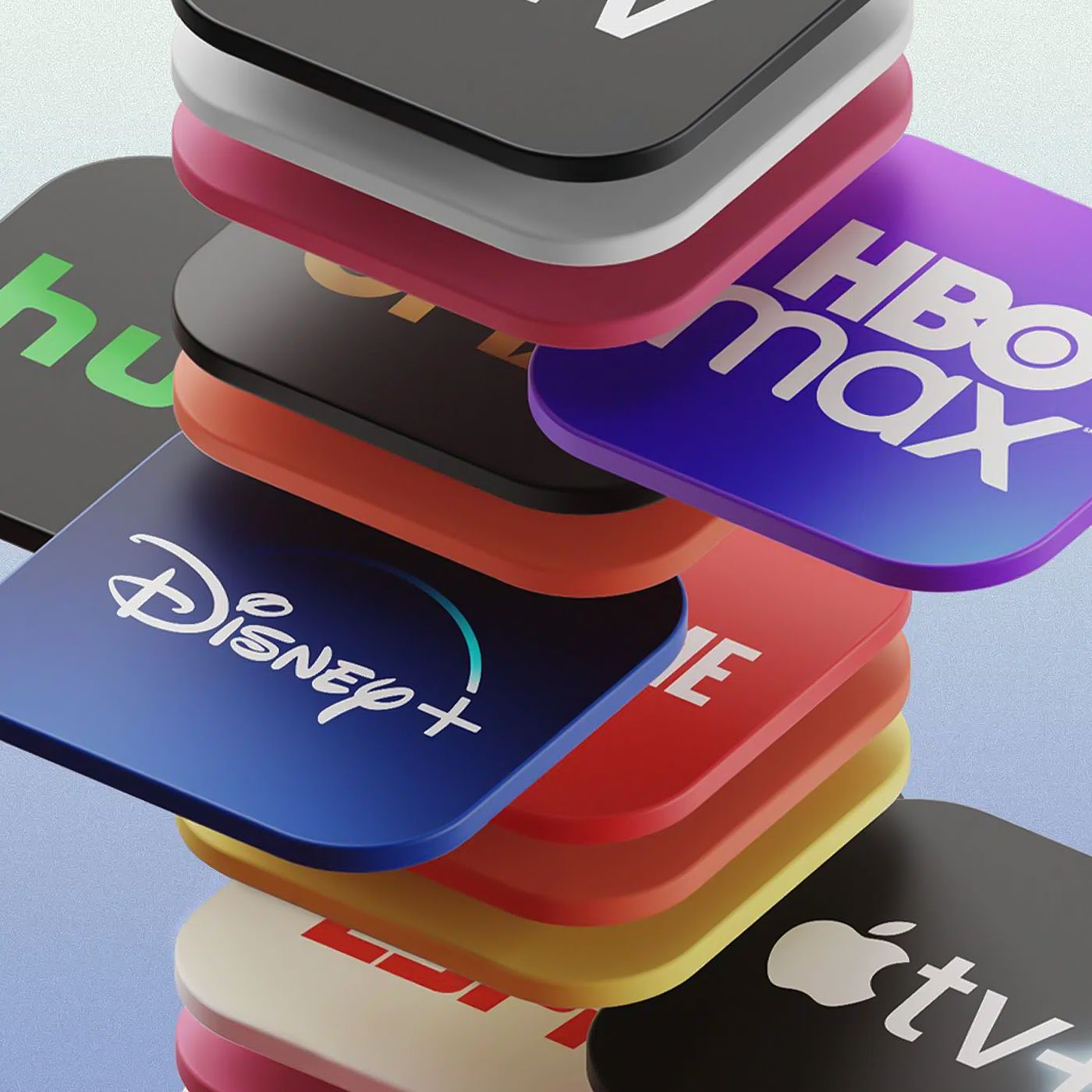 3D stack of streaming service tiles including HBO Max, Disney+, Hulu and Apple TV on a pale blue background