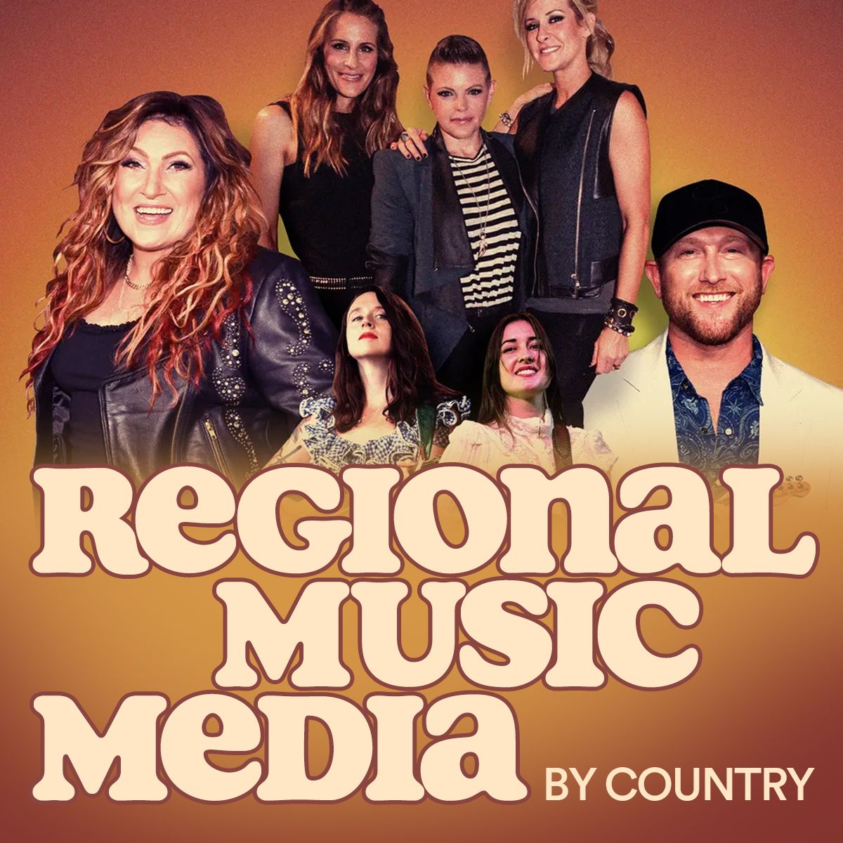 Warm orange cover reading 'Regional Music Media by Country' beneath a group of country and americana artists