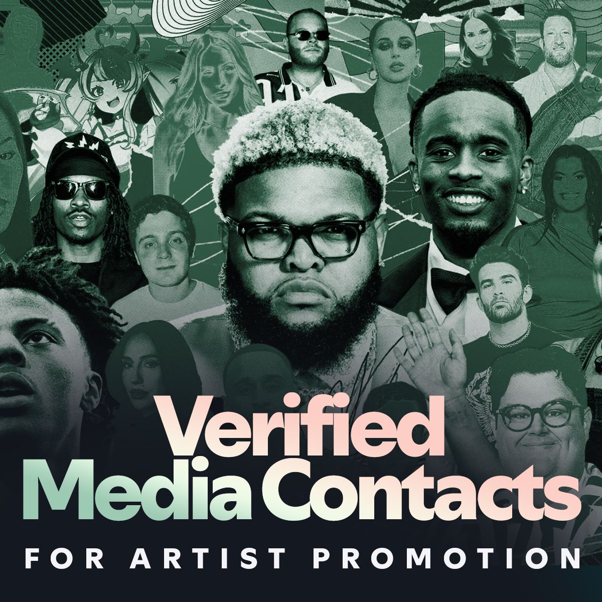 Green-toned collage cover reading 'Verified Media Contacts for Artist Promotion' over dozens of artist and journalist portraits