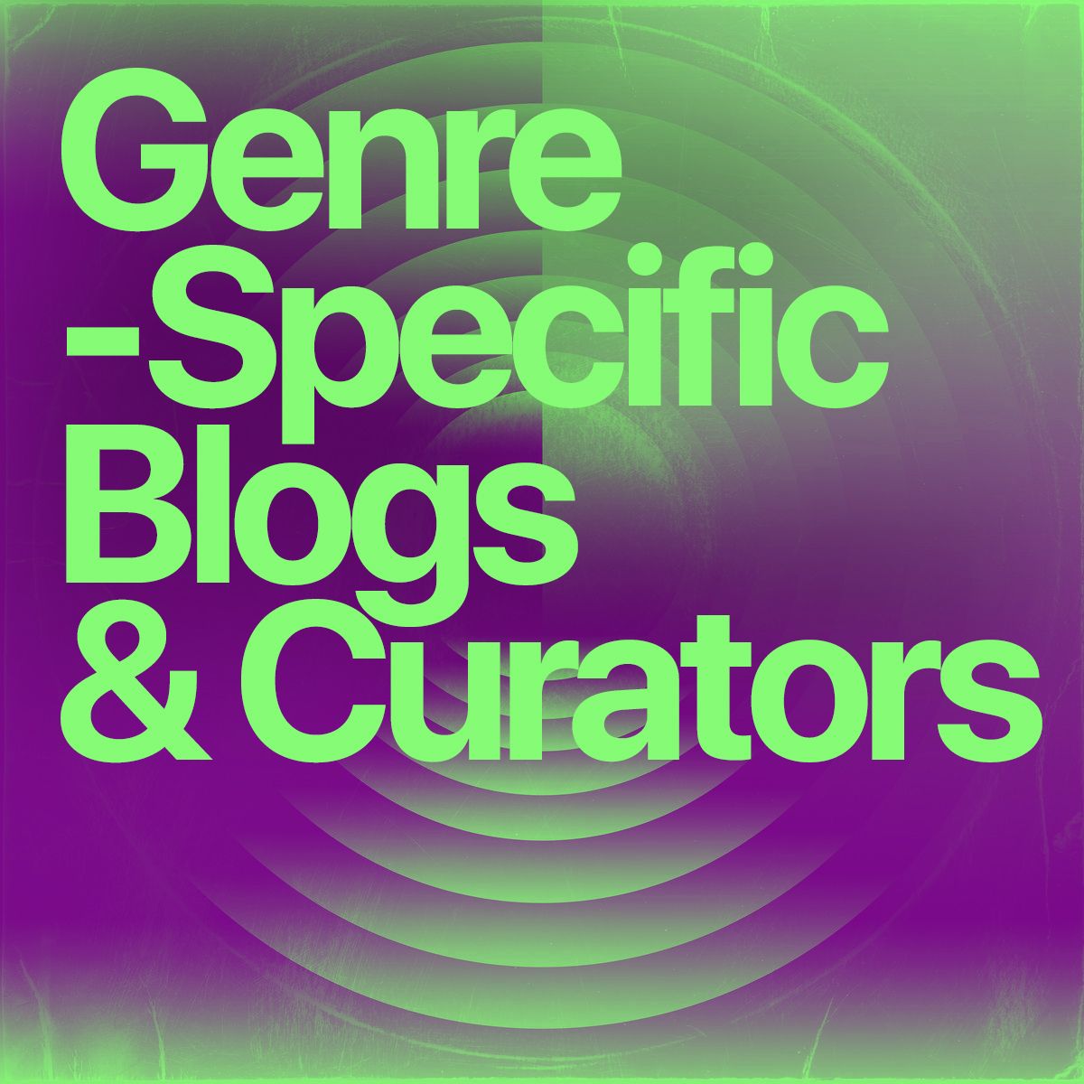 Purple and green cover reading 'Genre-Specific Blogs & Curators' over concentric rings