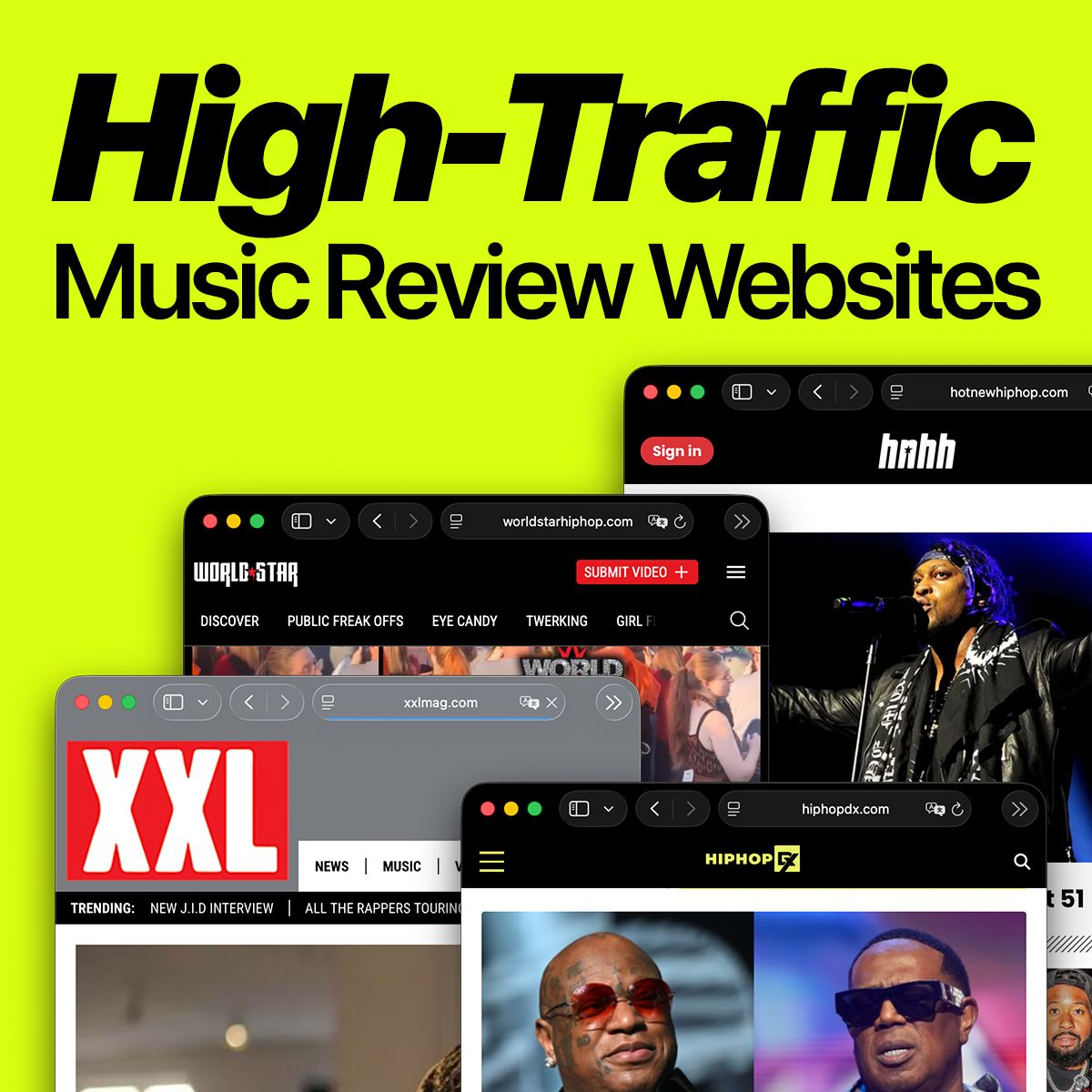 Acid yellow cover reading 'High-Traffic Music Review Websites' with browser windows for XXL, HotNewHipHop and HipHopDX