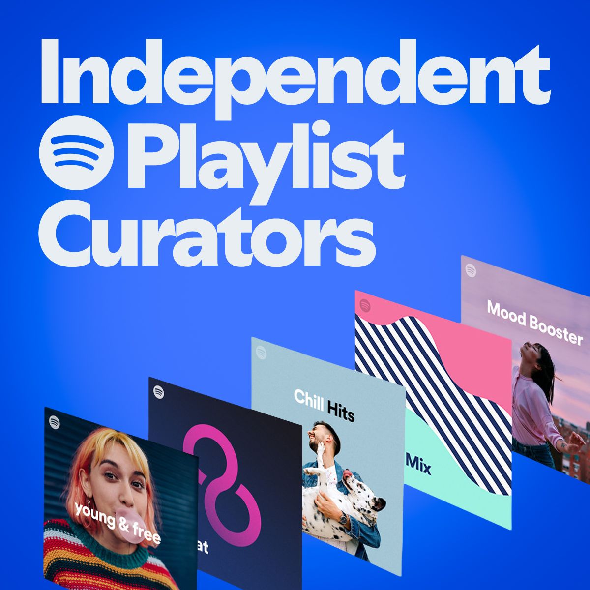 Bright blue cover reading 'Independent Spotify Playlist Curators' above fanned-out playlist covers