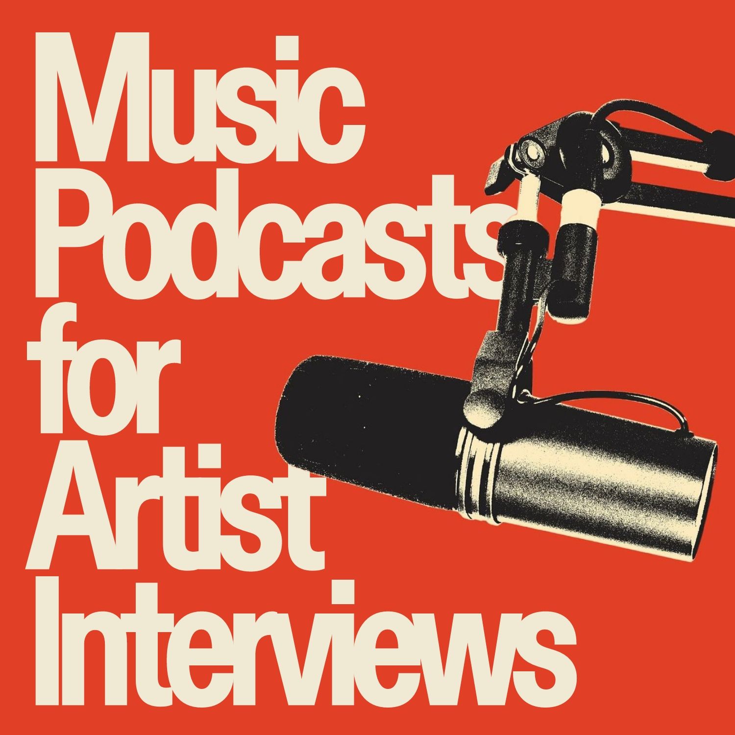 Red cover reading 'Music Podcasts for Artist Interviews' beside a halftone broadcast microphone