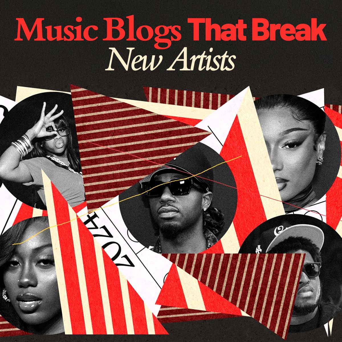 Dark red collage cover reading 'Music Blogs That Break New Artists' with black-and-white artist portraits