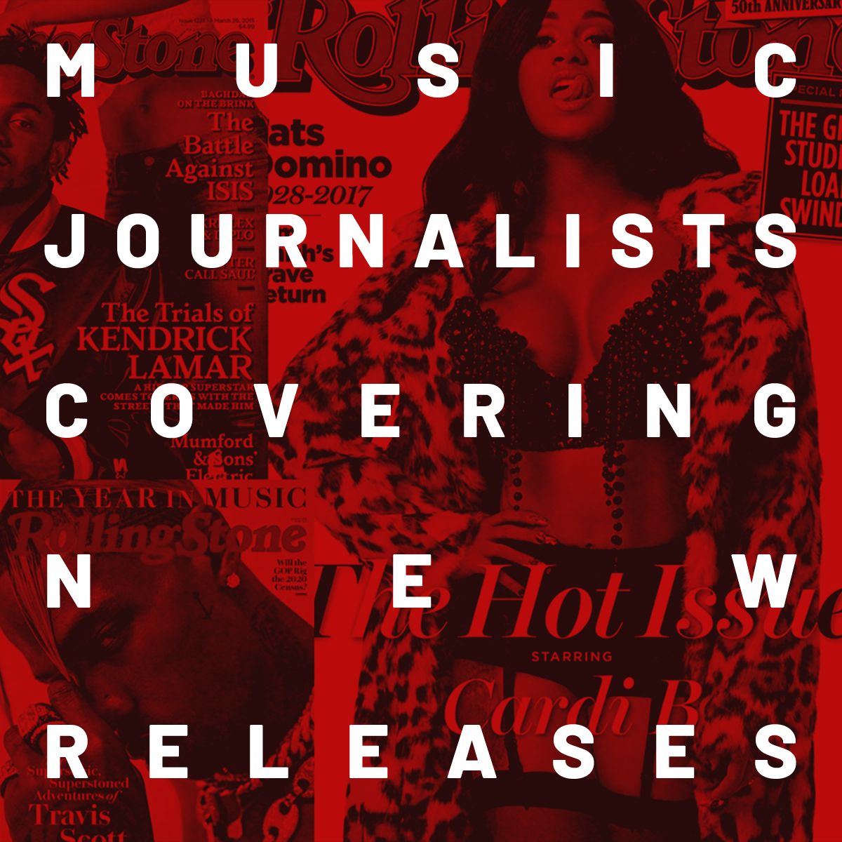 Red-toned magazine collage cover reading 'Music Journalists Covering New Releases'