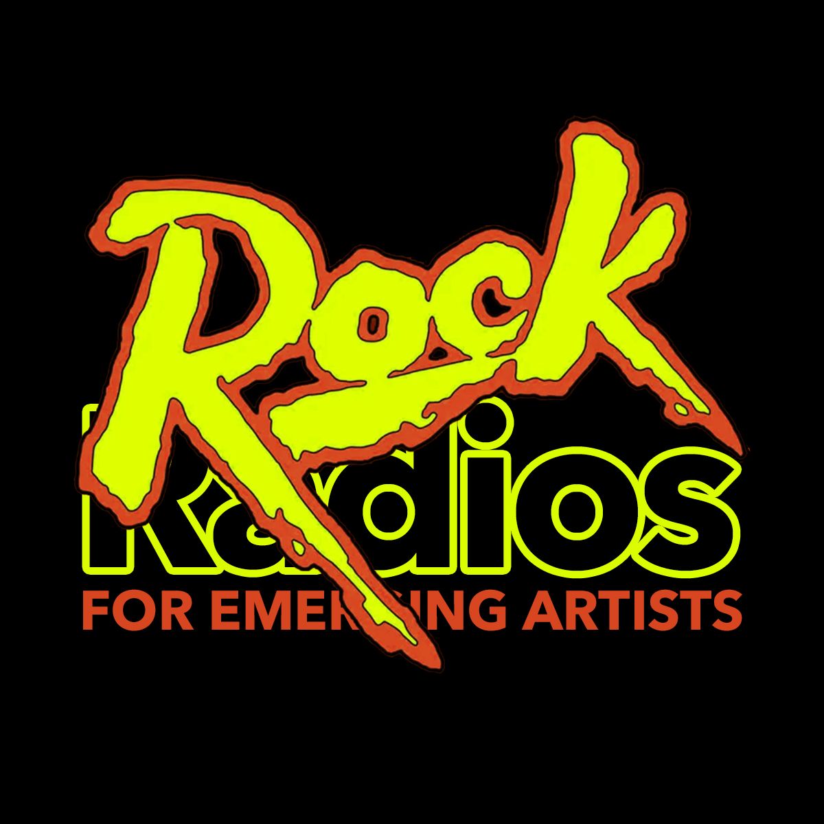 Black cover with neon yellow rock lettering reading 'Rock Radios for Emerging Artists'