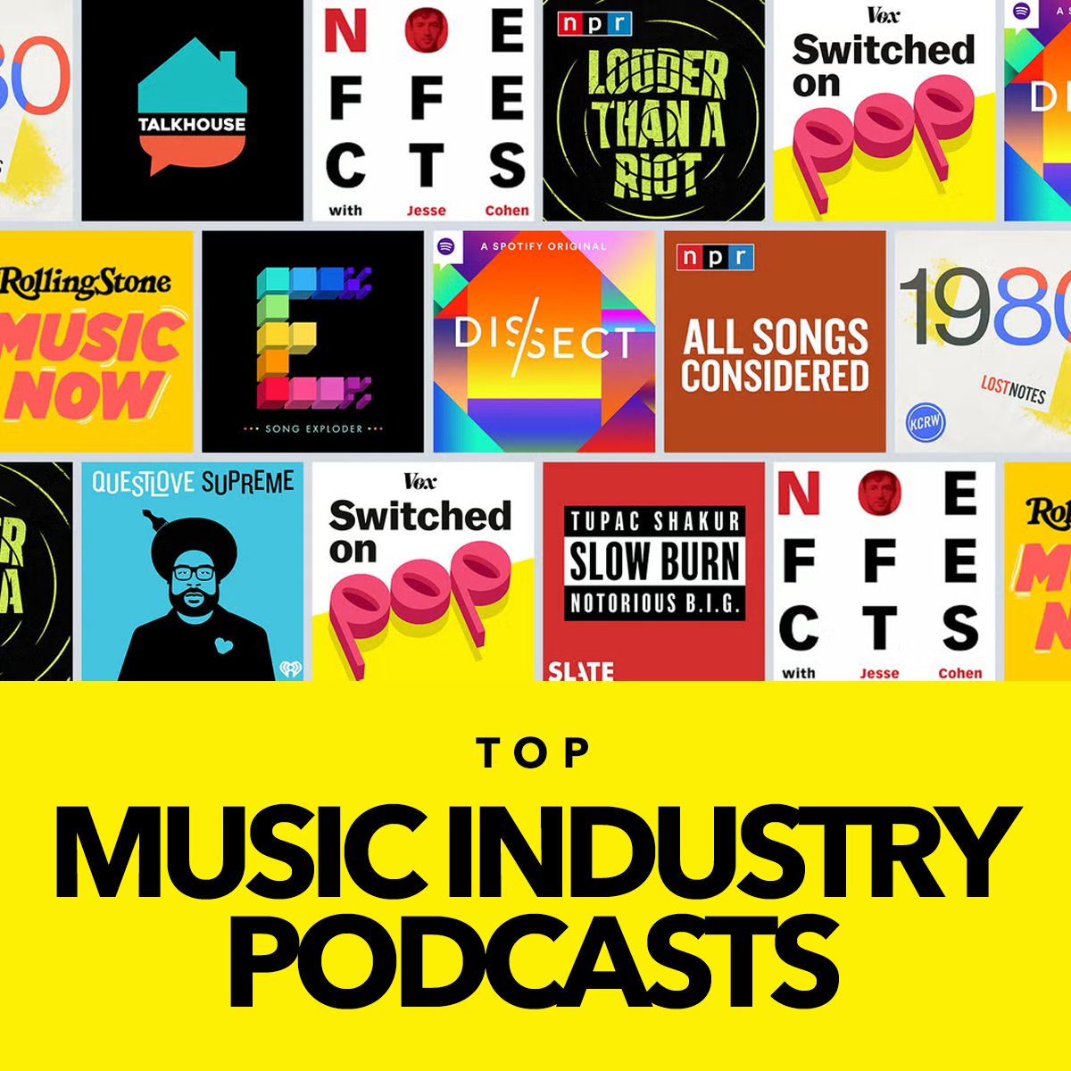 Yellow cover above a grid of music podcast artwork reading 'Top Music Industry Podcasts'