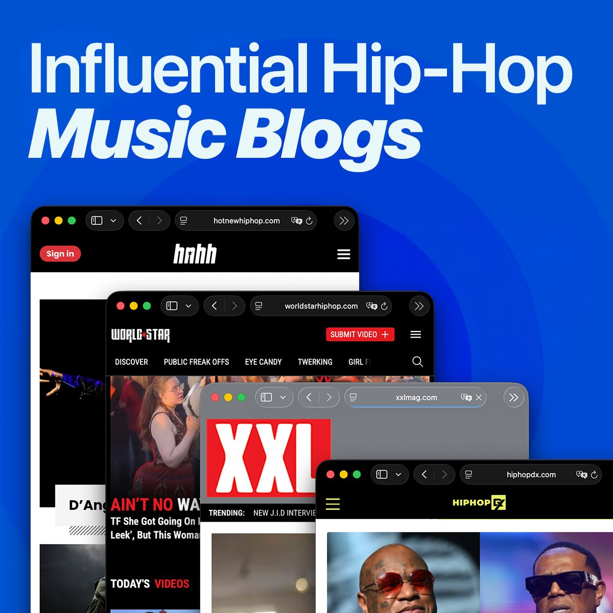 Blue cover reading 'Influential Hip-Hop Music Blogs' with browser windows for HNHH, WorldStar, XXL and HipHopDX