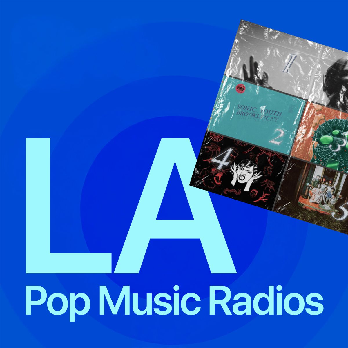 Blue cover reading 'LA Pop Music Radios' with a tilted grid of album covers