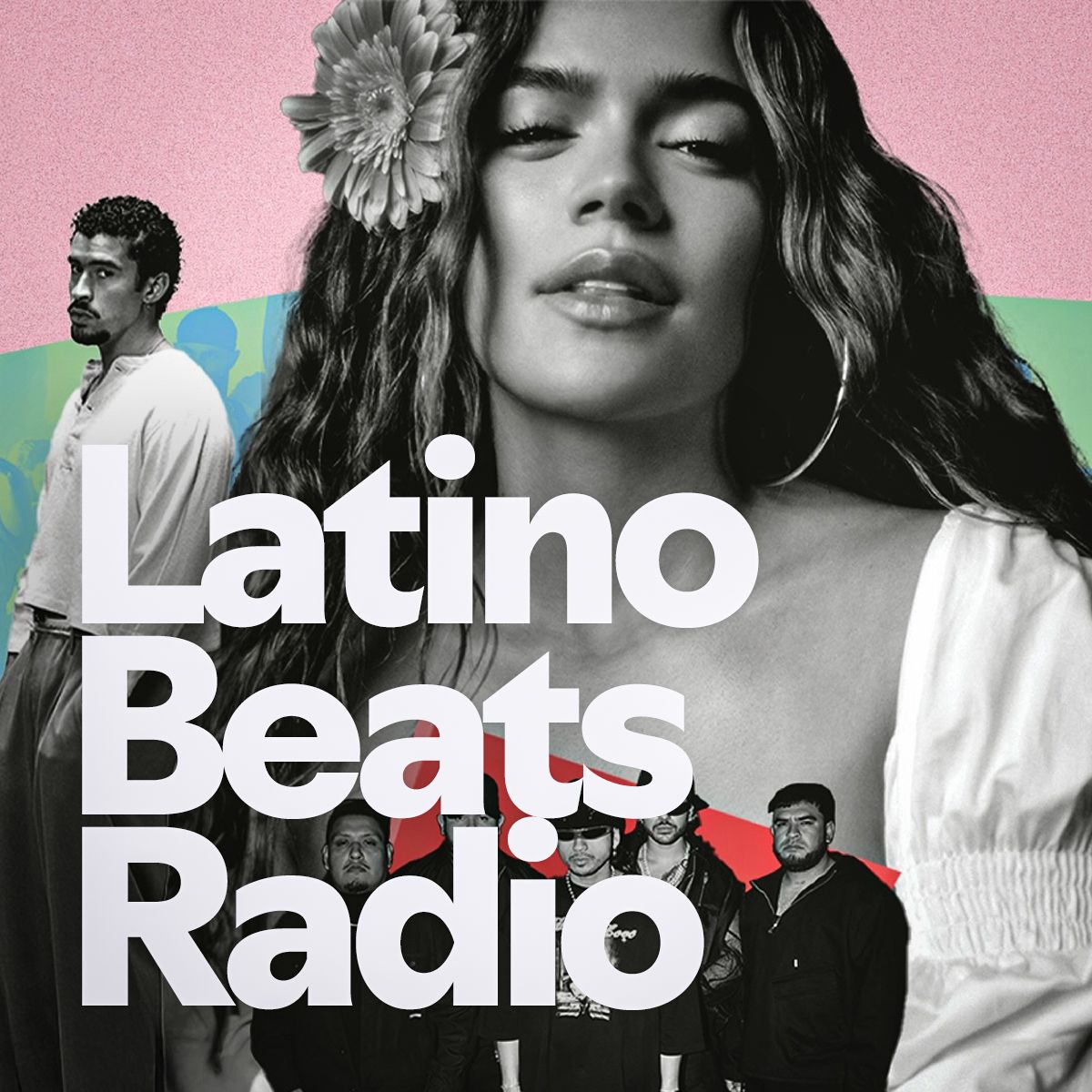 Pink and green collage cover reading 'Latino Beats Radio' with Latin artists