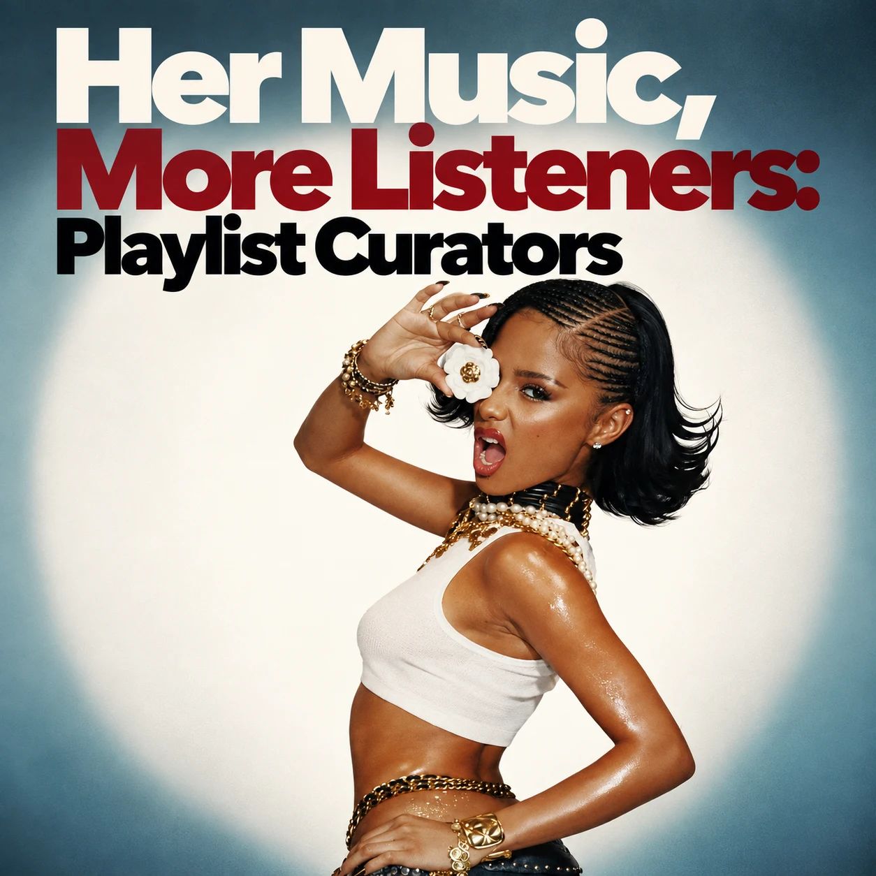 Woman artist posing and holding a white flower over one eye under the title Her Music, More Listeners: Playlist Curators
