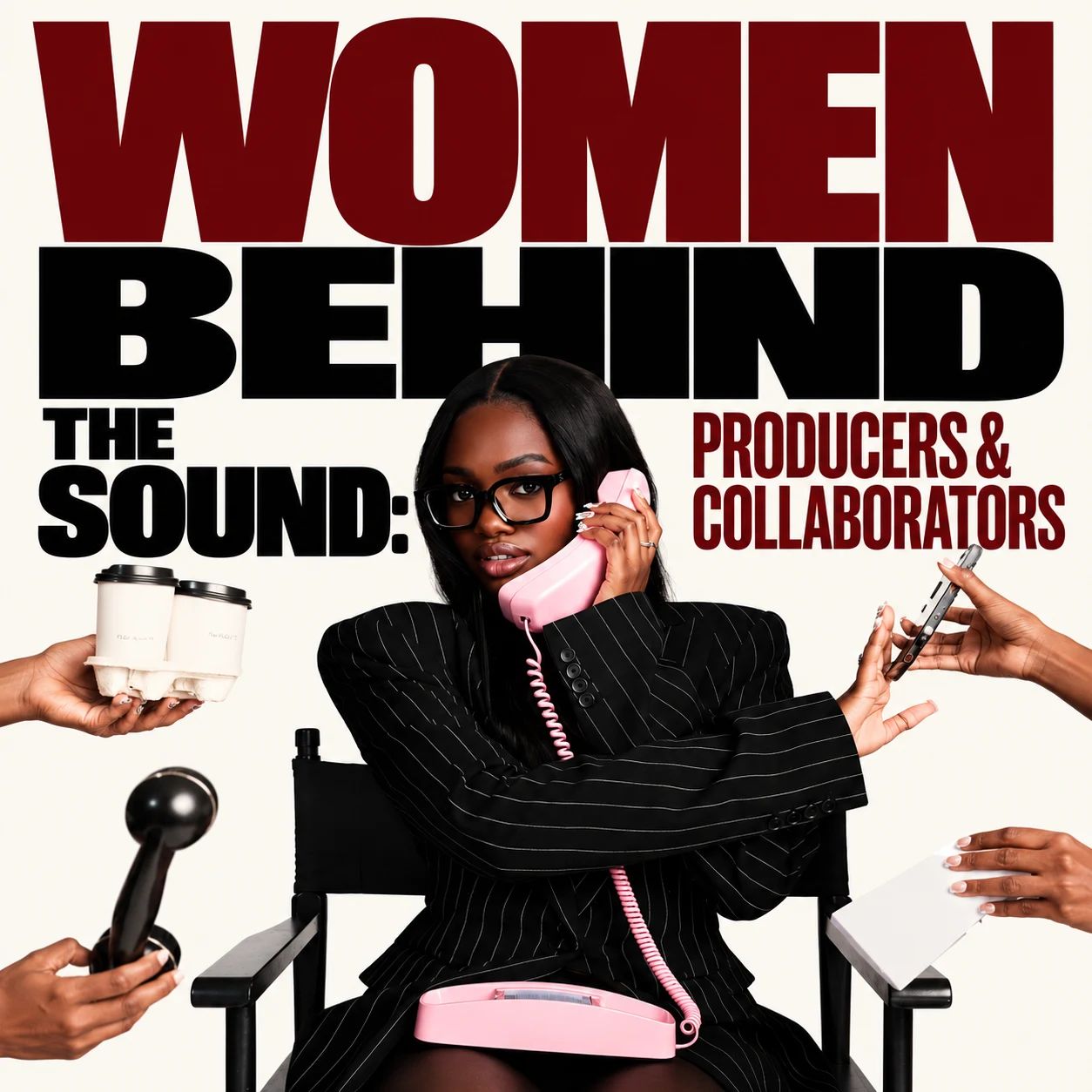 Woman in glasses and a pinstripe suit on a pink phone while hands pass her coffee and devices, under the title Women Behind the Sound: Producers & Collaborators