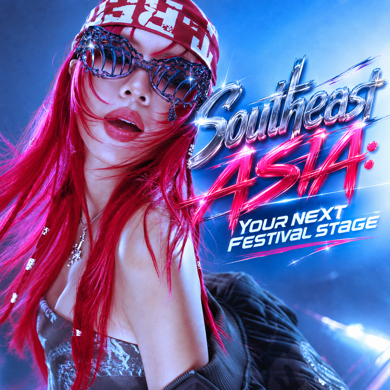 Southeast Asia festival stage cover with a performer in red hair and bright lettering.