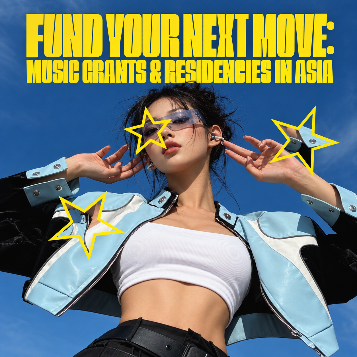Music grants and residencies in Asia cover with a performer against a blue sky.